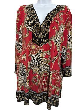 JM Collections XL Blouse Red/Black/Gold Tunic